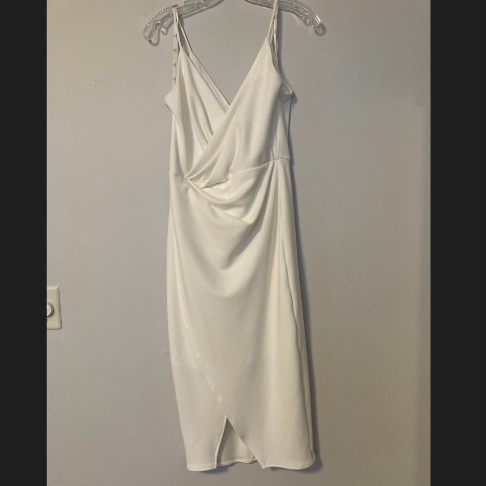 White spaghetti-strap faux wrap dress